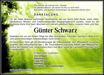 Traueranzeige von Günter Schwarz von Südthüringer Presse