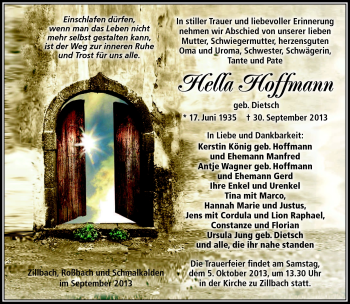 Traueranzeige von Hella Hoffmann von Südthüringer Presse