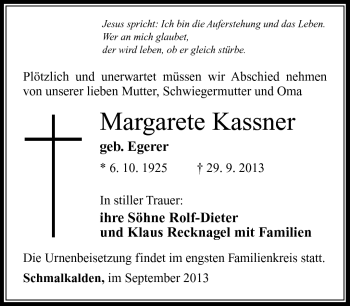 Traueranzeige von Mararete Kassner von Südthüringer Presse