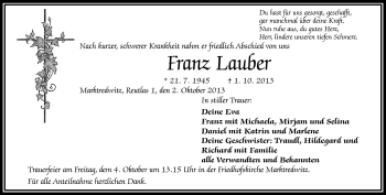 Traueranzeige von Franz Lauber von Frankenpost