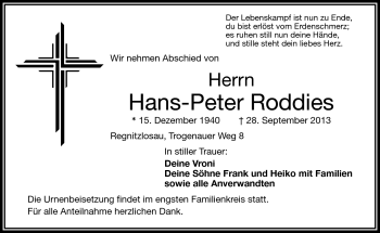Traueranzeige von Hans-Peter Roddies von Frankenpost
