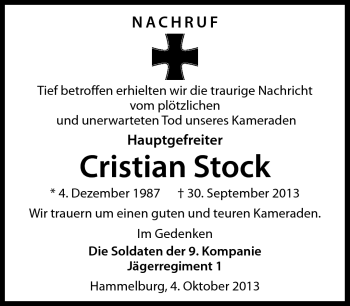 Traueranzeige von Cristian Stock von Neue Presse Coburg