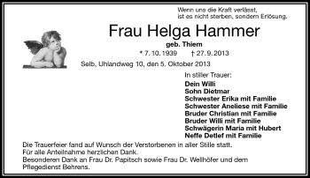 Traueranzeige von Helga Hammer von Frankenpost