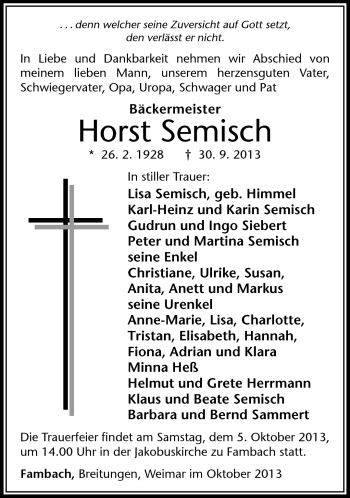 Traueranzeige von Horst Semisch von Südthüringer Presse