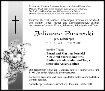 Traueranzeige von Julianne Posorski von Südthüringer Presse