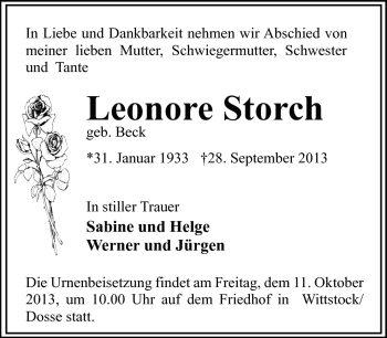 Traueranzeige von Leonore Storch von Südthüringer Presse