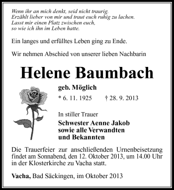 Traueranzeige von Helene Baumbach von Südthüringer Presse