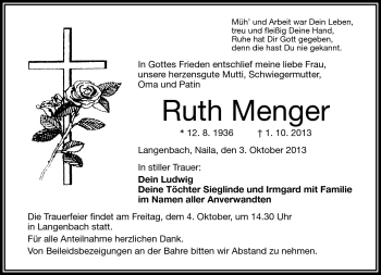 Traueranzeige von Ruth Menger von Frankenpost