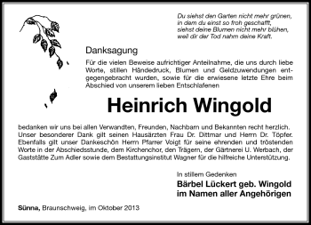 Traueranzeige von Heinrich Wingold von Südthüringer Presse