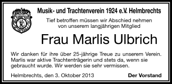 Traueranzeige von Marlis Ulbrich von Frankenpost
