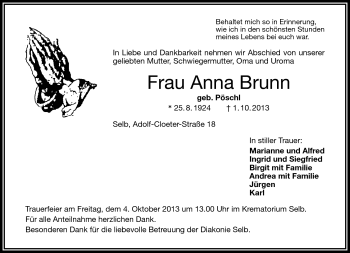 Traueranzeige von Anna Brunn von Frankenpost