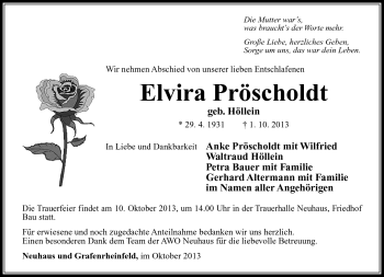 Traueranzeige von Elvira Pröscholdt von Südthüringer Presse