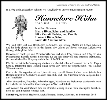 Traueranzeige von Hannelore Höhn von Südthüringer Presse
