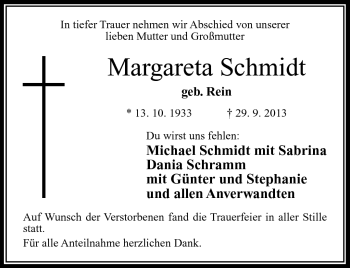 Traueranzeige von Margareta Schmidt von Neue Presse Coburg