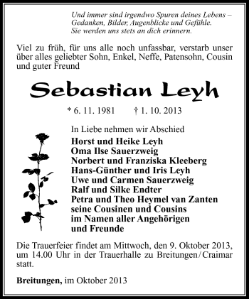 Traueranzeige von Sebastian Ley von Südthüringer Presse