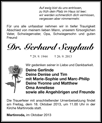 Traueranzeige von Gerhard Senglaub von Südthüringer Presse