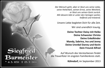 Traueranzeige von Siegfried Burmeister von Südthüringer Presse