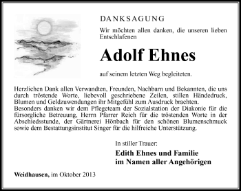 Traueranzeige von Adolf Ehnes von Südthüringer Presse