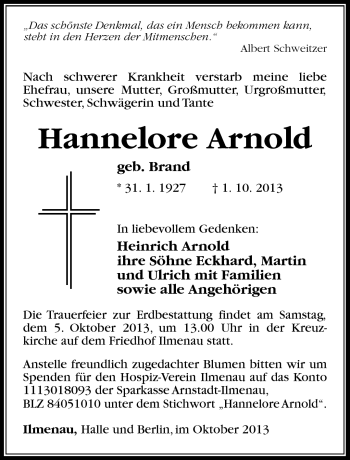 Traueranzeige von Hannelore Arnold von Südthüringer Presse