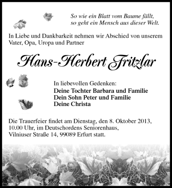 Traueranzeige von Hans-Herbert Fritzlar von Südthüringer Presse