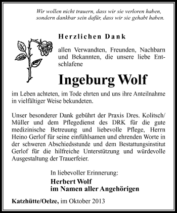 Traueranzeige von Ingeburg Wolf von Südthüringer Presse
