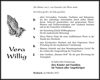 Traueranzeige von Vera Willig von Südthüringer Presse
