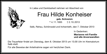 Traueranzeige von Hilde Konheiser von Frankenpost