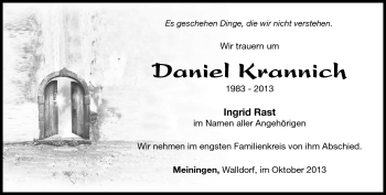 Traueranzeige von Daniel Krannich von Südthüringer Presse