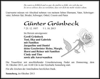 Traueranzeige von Günter Grünbeck von Südthüringer Presse