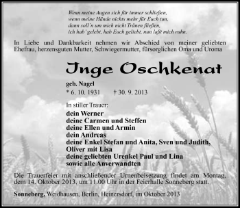 Traueranzeige von Inge Oschkenat von Südthüringer Presse