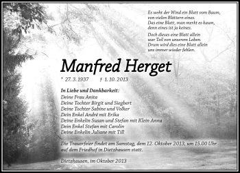 Traueranzeige von Manfred Herget von Südthüringer Presse