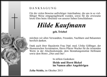 Traueranzeige von Hilde Kaufmann von Südthüringer Presse