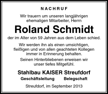 Traueranzeige von Roland Schmidt von Südthüringer Presse
