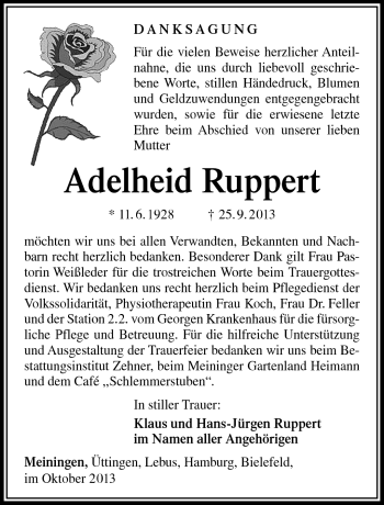 Traueranzeige von Adelheid Ruppert von Südthüringer Presse