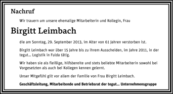 Traueranzeige von Birgitt Leimbach von Südthüringer Presse