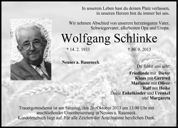 Traueranzeige von Wolfgang Schlinke von Neue Presse Coburg