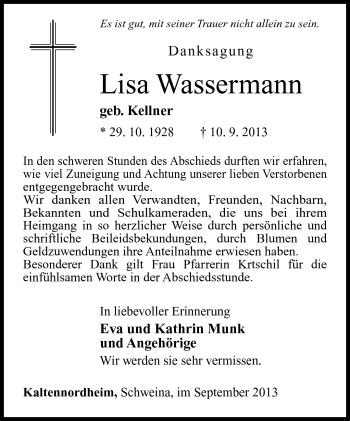 Traueranzeige von Lisa Wassermann von Südthüringer Presse