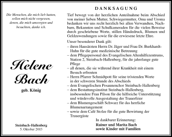 Traueranzeige von helene Bach von Südthüringer Presse