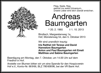 Traueranzeige von Andreas Baumgarten von Frankenpost