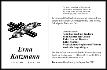 Traueranzeige von Erna Katzmann von Südthüringer Presse