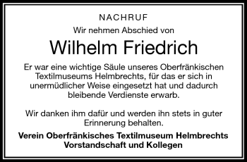 Traueranzeige von Wilhelm Friedrich von Frankenpost