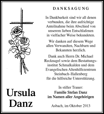 Traueranzeige von Ursula Danz von Südthüringer Presse