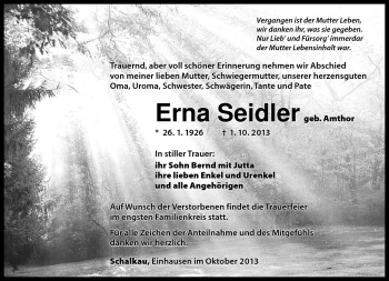 Traueranzeige von Erna Seidler von Südthüringer Presse