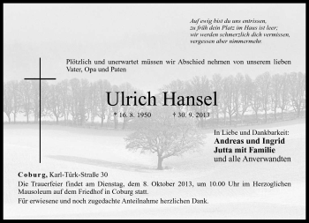 Traueranzeige von Ulrich Hansel von Neue Presse Coburg