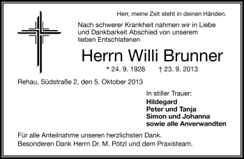 Traueranzeige von Willi Brunner von Frankenpost