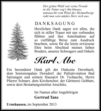 Traueranzeige von Karl Abe von Südthüringer Presse