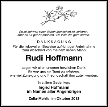 Traueranzeige von Rudi Hoffmann von Südthüringer Presse