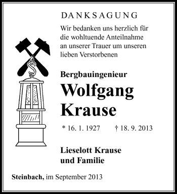 Traueranzeige von Wolfgang Krause von Südthüringer Presse