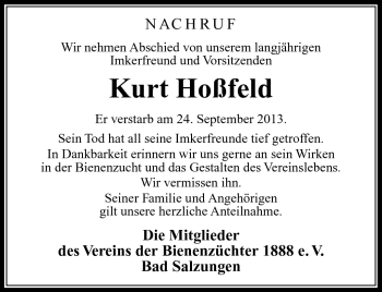 Traueranzeige von Kurt Hoßfeld von Südthüringer Presse