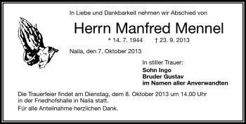 Traueranzeige von Manfred Mennel von Frankenpost